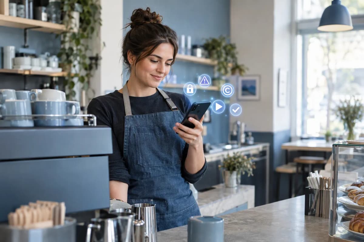 Aydınlık kafede tezgahta telefonuna bakan barista; yakınında 5 ışıklı 3D simge