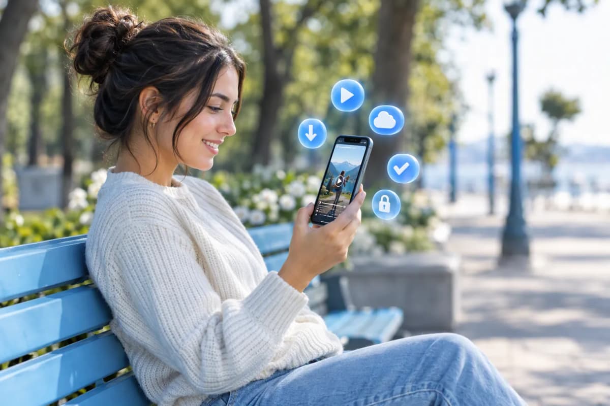 Park bankında oturan kişi, telefonunda sosyal video akışına bakıyor; 3D ikonlar süzülüyor