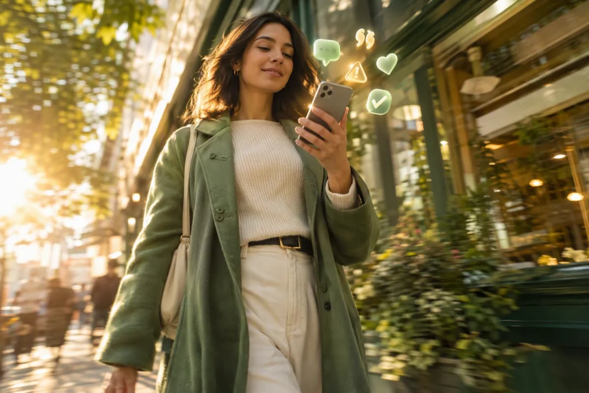 Şehir sokağında telefon tutarak yürüyen kişi, alt açıdan; altın saat ışığı ve 3D ikonlar