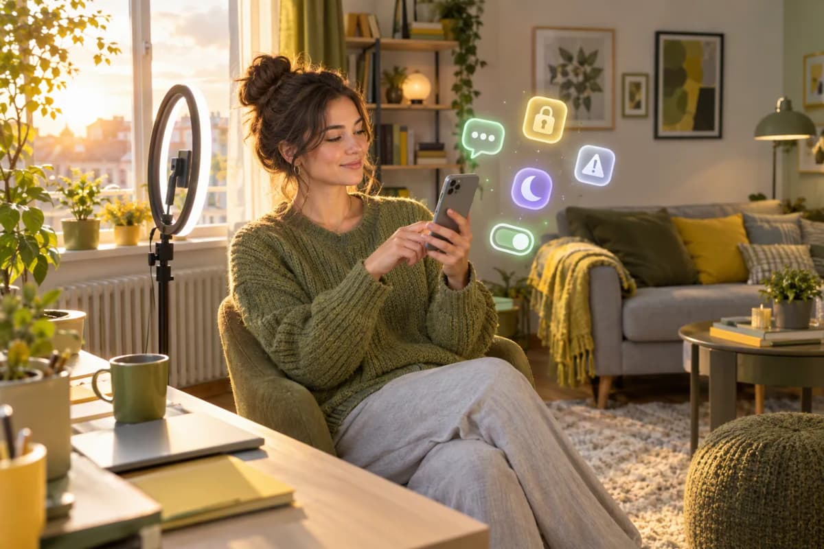 Ev stüdyosunda ring light yanında oturan kadın, gün batımı ışığında telefona bakıyor