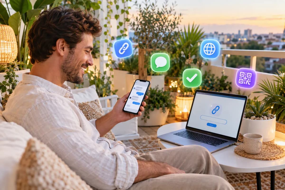 Bitkilerle dolu balkonda 30’lu yaşlarda adam, telefonda sohbet, yakında link sayfalı laptop