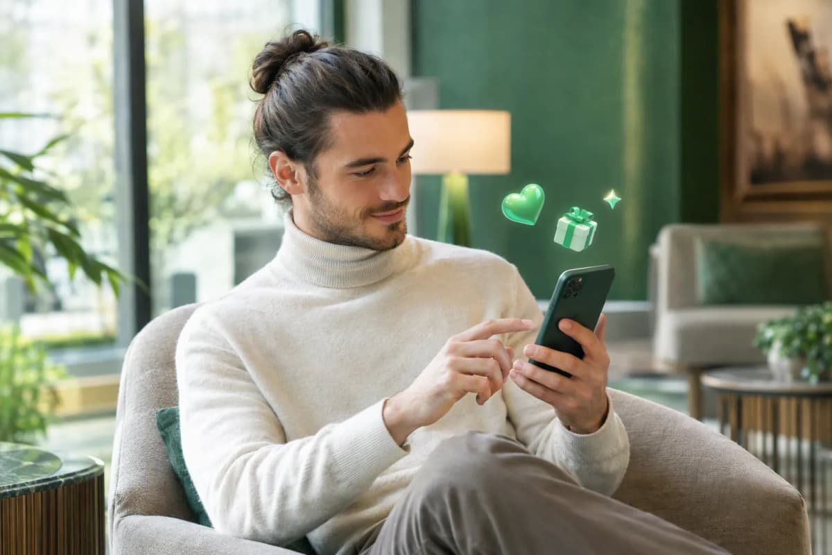 Otel lobisindeki koltukta telefonunda ücretsiz denemeyi keşfeden genç adam; çevresinde 3D simgeler