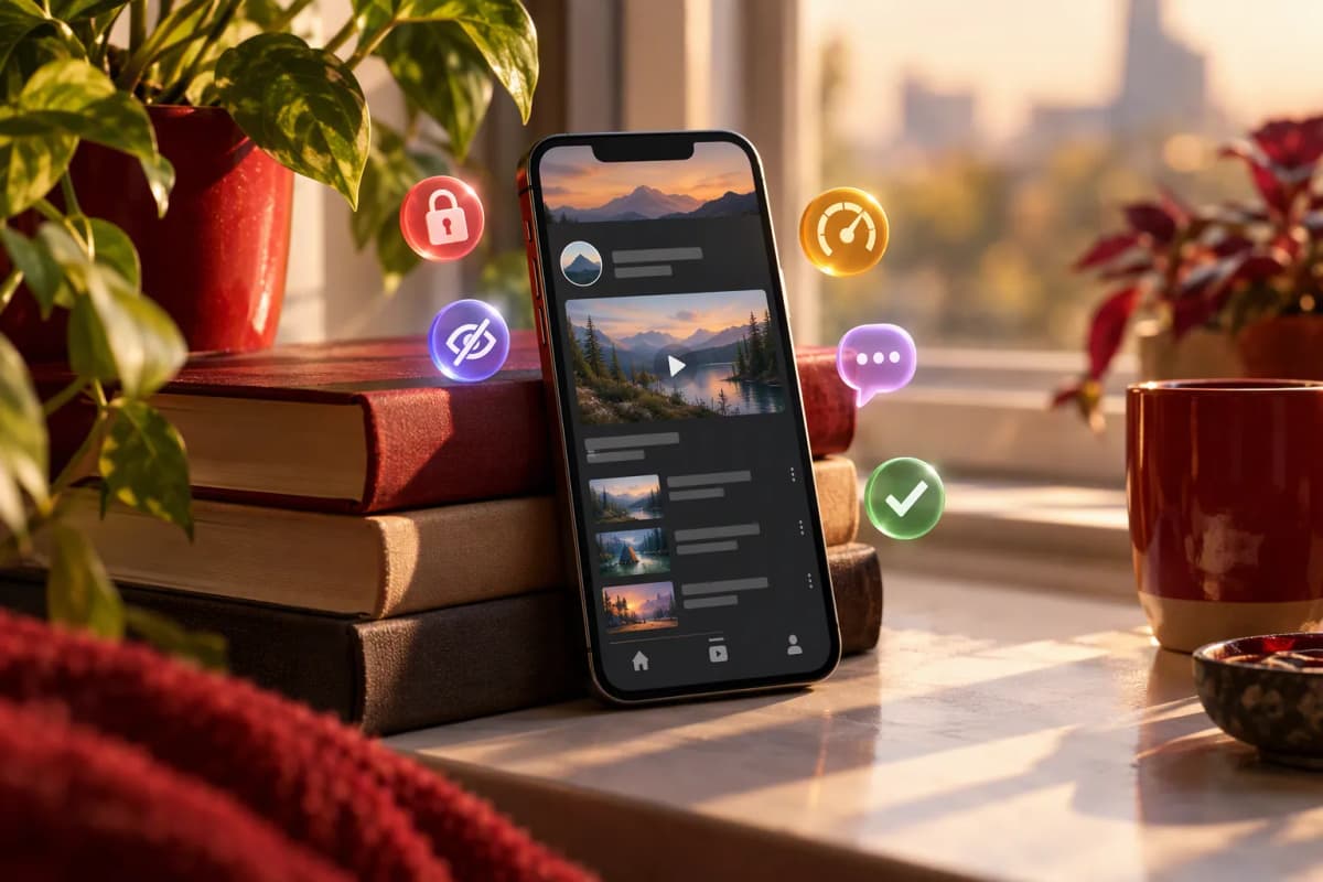 Pencere pervazında kitaplara yaslı telefon, bitkiler ve gizlilik ikonlarıyla günbatımı ışığında
