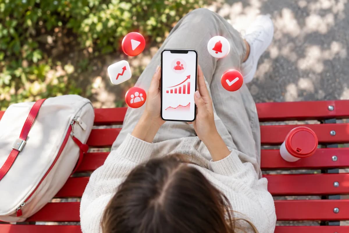 Parkta bankta oturan kişi, abone sayacı grafikli telefon tutuyor; ikonlar süzülüyor