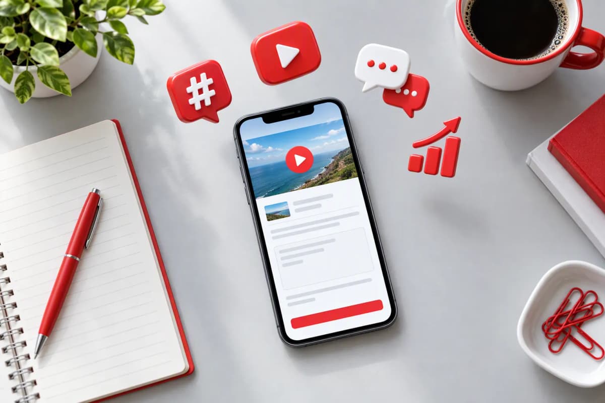 Kırmızı beyaz aksanlı açık gri masa; video yükleme ekranlı telefon, defter ve 3D simgeler