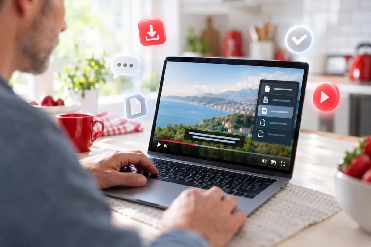 Mutfak masasındaki dizüstünde video oynatıcı açık, yakınında indirme ve altyazı ikonları süzülüyor