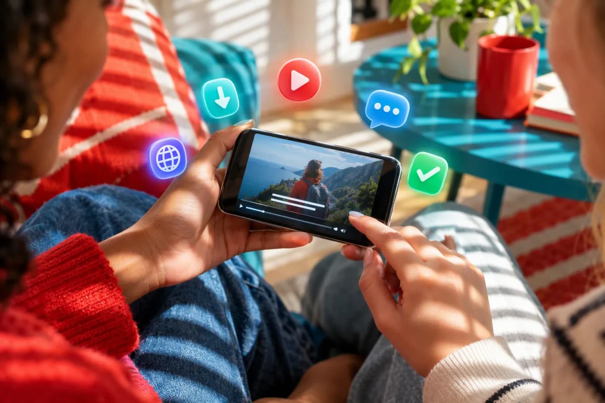 Yan yana oturan iki arkadaşın elleri ve telefonda video uygulaması, güneş çizgileri altında