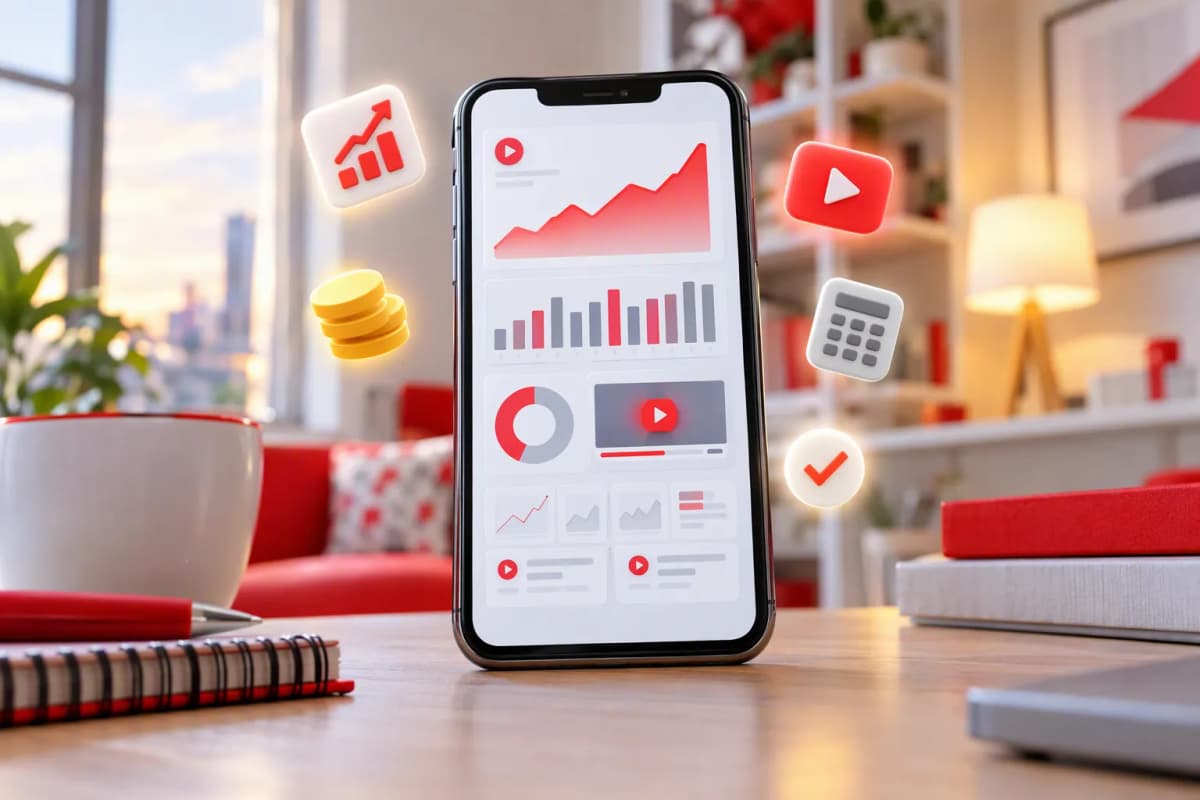 Masada dik duran akıllı telefon, analiz ekranı ve etrafında 3D ikonlar, sıcak ışıkta