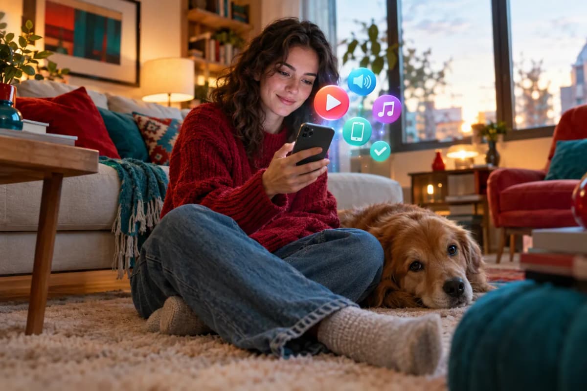 Krem halıda oturan kişi telefon tutarken yanında köpek, üstte 3D müzik ikonları parlıyor