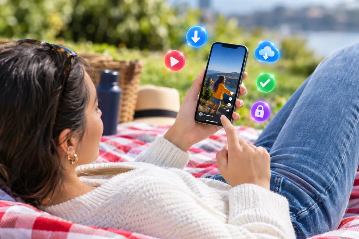 Kırmızı-beyaz piknik örtüsünde uzanan kişi, telefon yanında 3D indirme ve güvenlik ikonları