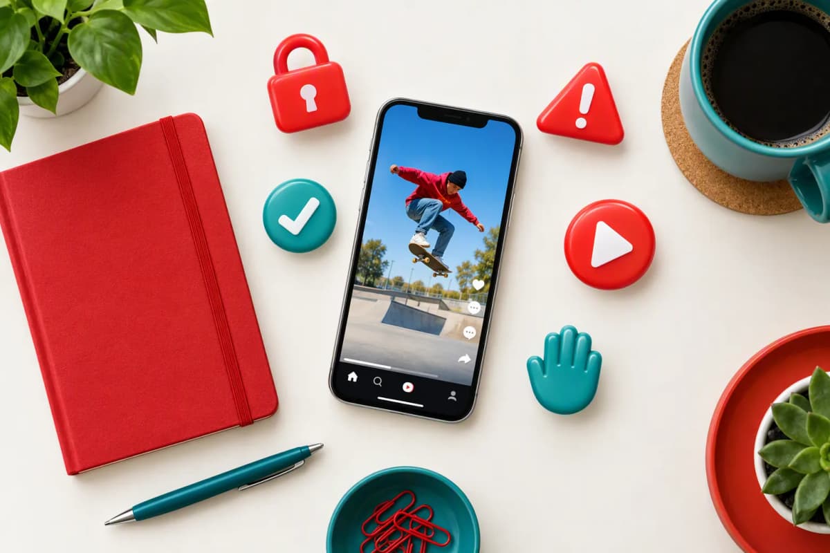 Krem masa üstünde kısa video akışlı telefon, defter ve kilit, onay, uyarı ikonları