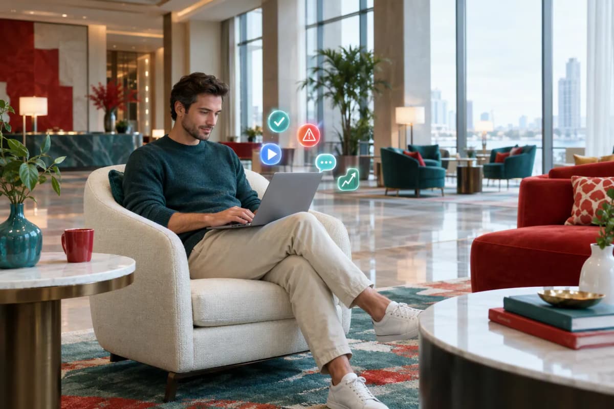 Modern otel lobisinde koltukta dizüstü bilgisayar kullanan adam, pencereden gün ışığı; 3D ikonlar