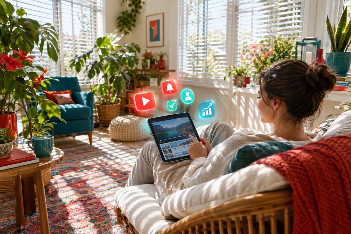 Bitkilerle dolu aydınlık kış bahçesinde, tabletli dinlenen kadın ve 3D ikonlar