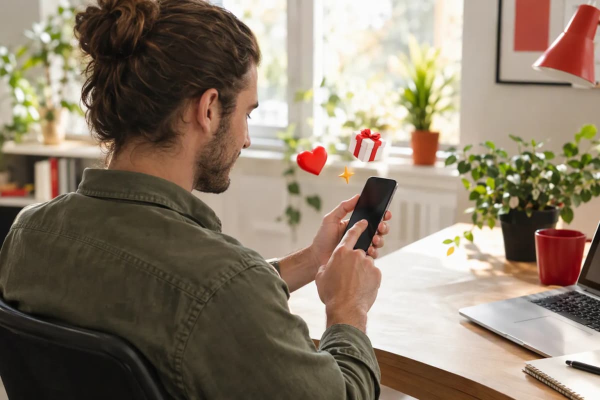 Bitkili ev çalışma masasında telefonunda ücretsiz denemeyi keşfeden genç adam; çevresinde 3D simgeler