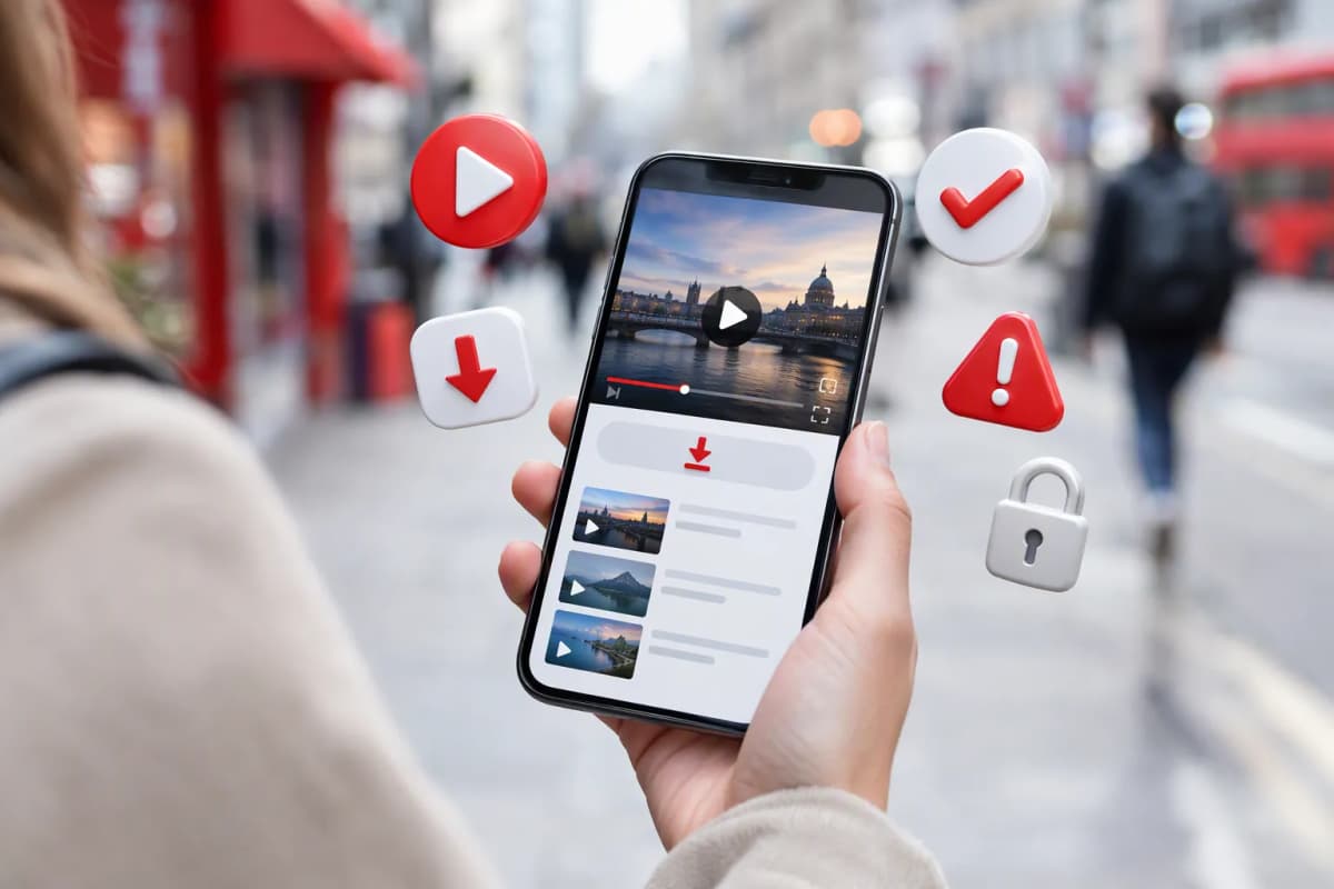 Şehirde yürürken telefona bakan el, arka planda bokeh ve indirme simgeleriyle yakın plan
